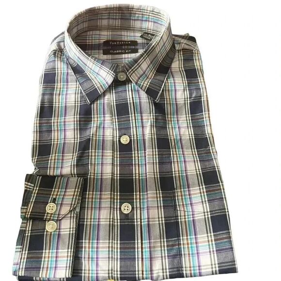 🌸 VAN HUESEN Classic Fit Button Down Shirt Plaid Men‎ Size S (14-14 1/2) - Picture 1 of 3